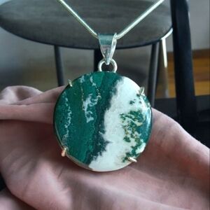 Tree Agate Crystal 925 Sterling Silver Circle Round Pendant Necklace
